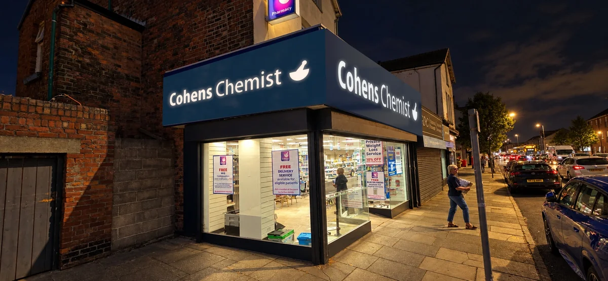 Cohens — night mock up — A night mock up showing the proposed lighting on both fascia legs.