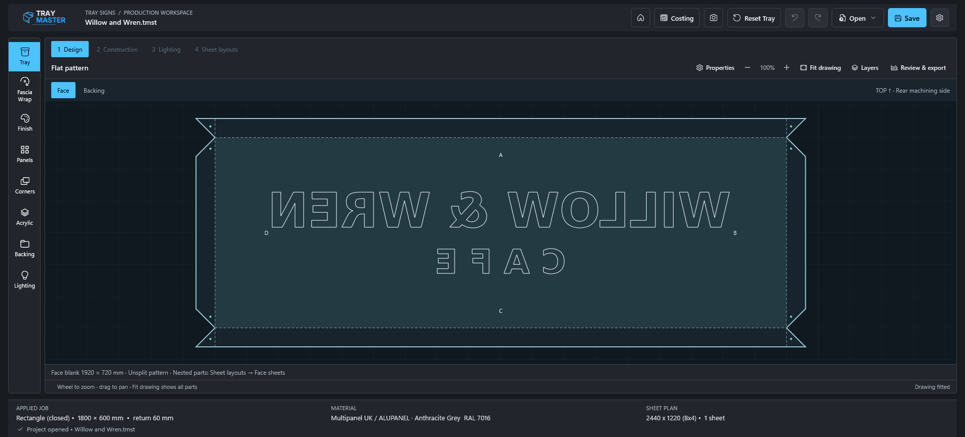 Willow & Wren Café sign design in Tray Master — The fictional café sign used for this costing example.